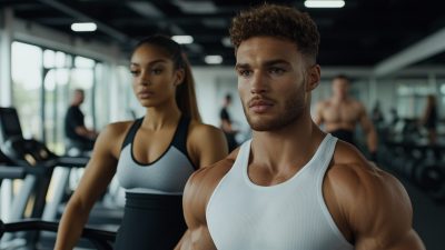A fit young man and woman wearing stylish budget-friendly gym apparel stand confidently in a modern gym. The man wears a white ribbed tank top, showcasing his muscular physique, while the woman wears a black and gray sports bra with matching leggings. They both have focused expressions, with treadmills, free weights, and other gym-goers visible in the background. The gym is well-lit with large windows allowing natural light to enhance the sleek, athletic atmosphere.