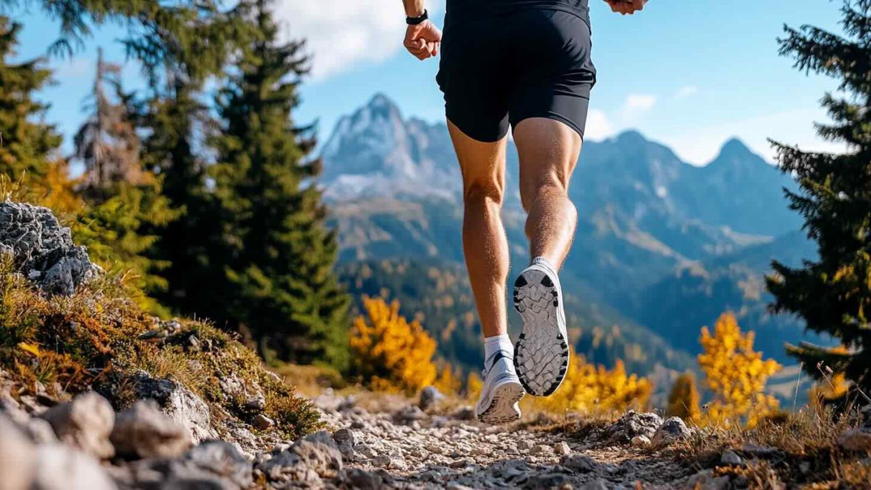 A male runner wearing black compression shorts and running shoes, jogging on a rugged mountain trail surrounded by lush greenery and autumn-colored trees. His toned leg muscles are visible as he moves uphill with a scenic backdrop of towering mountains under a bright blue sky.