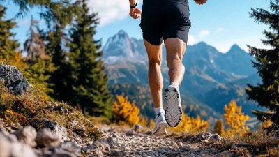 A male runner wearing black compression shorts and running shoes, jogging on a rugged mountain trail surrounded by lush greenery and autumn-colored trees. His toned leg muscles are visible as he moves uphill with a scenic backdrop of towering mountains under a bright blue sky.