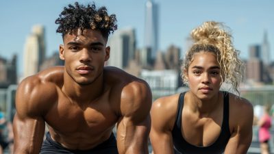 A fit young man and woman preparing for an outdoor workout in a New York City fitness park. They are both wearing athletic attire, with the man shirtless and the woman in a black sports bra. Their toned physiques glisten under the sunlight, and they appear focused. The background showcases the NYC skyline with tall buildings, emphasizing the urban outdoor workout setting.