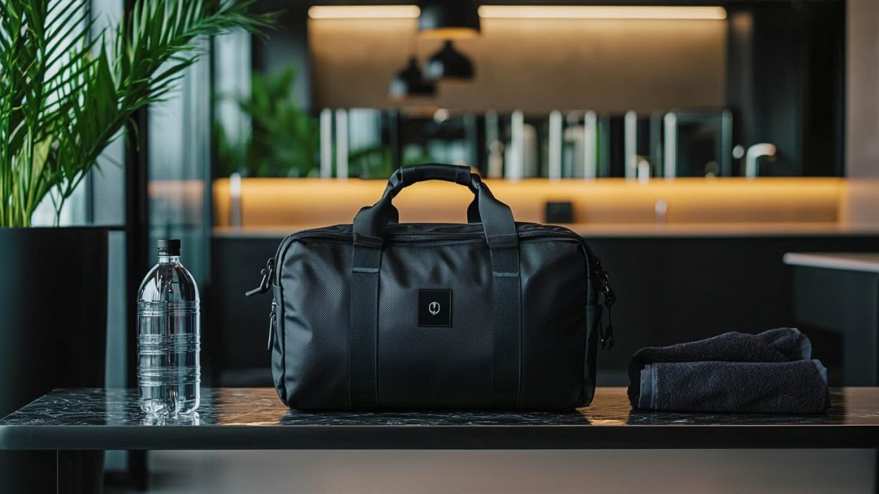 A sleek black gym bag sits on a modern marble table, accompanied by a water bottle and a neatly folded towel. The background features a stylish gym or locker room setting with warm lighting and green plants, emphasizing a clean and organized workout environment.