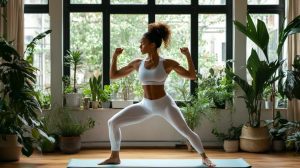 A fit woman in a white sports bra and leggings performing a bodyweight workout at home, striking a strong pose with flexed arms in a sunlit room filled with lush green plants. She stands on a yoga mat with a focused expression, showcasing strength and confidence in an indoor fitness setting.
