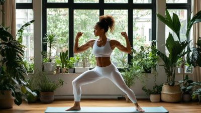 A fit woman in a white sports bra and leggings performing a bodyweight workout at home, striking a strong pose with flexed arms in a sunlit room filled with lush green plants. She stands on a yoga mat with a focused expression, showcasing strength and confidence in an indoor fitness setting.