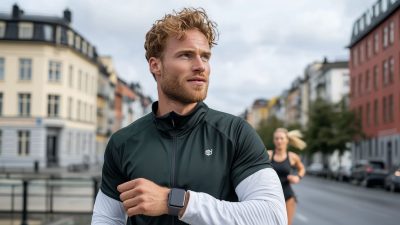 A fit, athletic man with curly blonde hair and a beard wearing a smartwatch while jogging through a city street. He is dressed in a dark green zip-up performance jacket with a white long-sleeve shirt underneath. A woman in athletic wear is running in the background. The smartwatch on his wrist is prominently displayed, emphasizing fitness tracking and smart health monitoring. The cityscape in the background features modern and classic buildings, creating an urban fitness atmosphere.