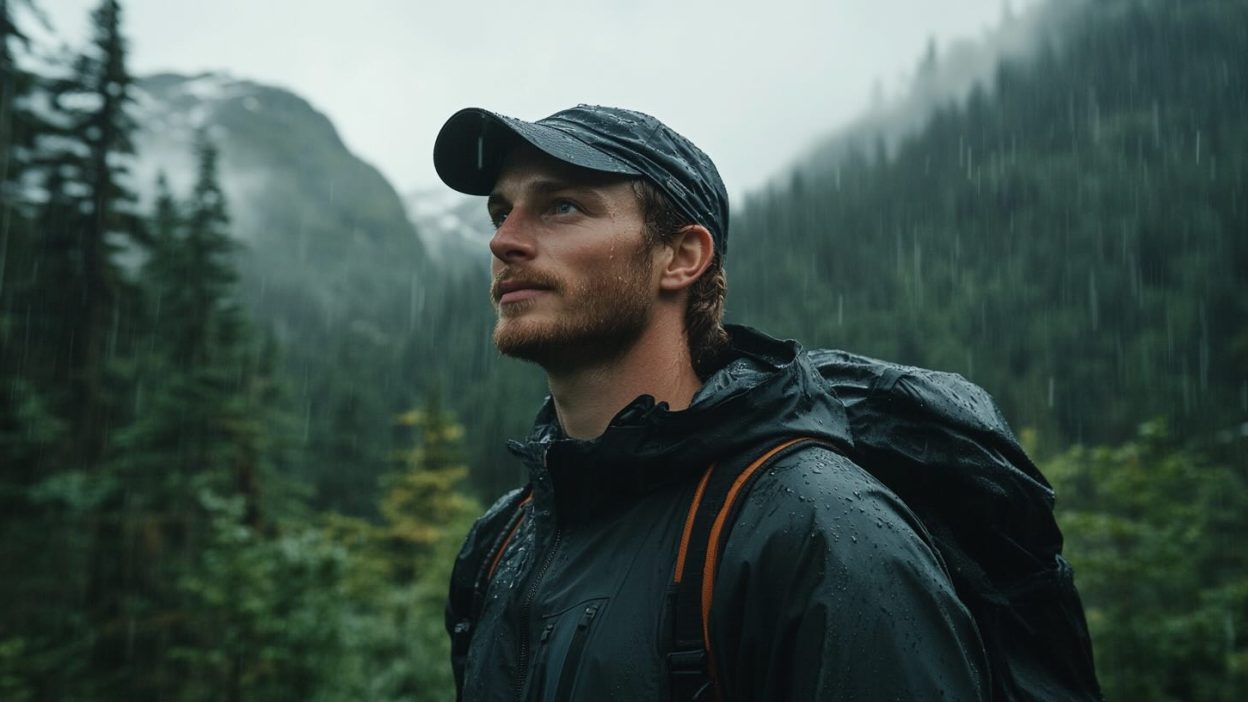A bearded man wearing a black waterproof jacket and cap stands in the rain during a hike in a mountainous forest. His backpack straps are visible, and raindrops are seen falling on his jacket and face. Misty mountains and dense evergreen trees form the background, enhancing the outdoor adventure setting.