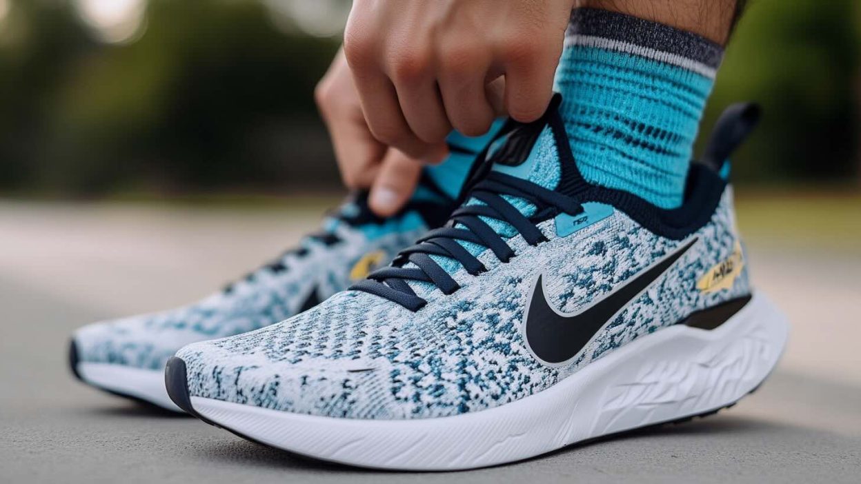 A close-up of a person tying the laces of a cushioned running shoe designed for knee pain relief. The shoe features a breathable knit upper in a blue and white pattern, a supportive sole with shock absorption, and a Nike logo on the side. The individual is wearing matching blue athletic socks, and the background is blurred, showing an outdoor workout setting.