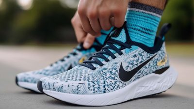 A close-up of a person tying the laces of a cushioned running shoe designed for knee pain relief. The shoe features a breathable knit upper in a blue and white pattern, a supportive sole with shock absorption, and a Nike logo on the side. The individual is wearing matching blue athletic socks, and the background is blurred, showing an outdoor workout setting.