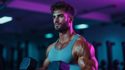 A muscular man with a chiseled physique lifting dumbbells in a gym, illuminated by moody blue and purple lighting. He wears a fitted gray tank top, highlighting his toned arms and shoulders, with a focused and determined expression. The gym background is slightly blurred, featuring workout equipment.