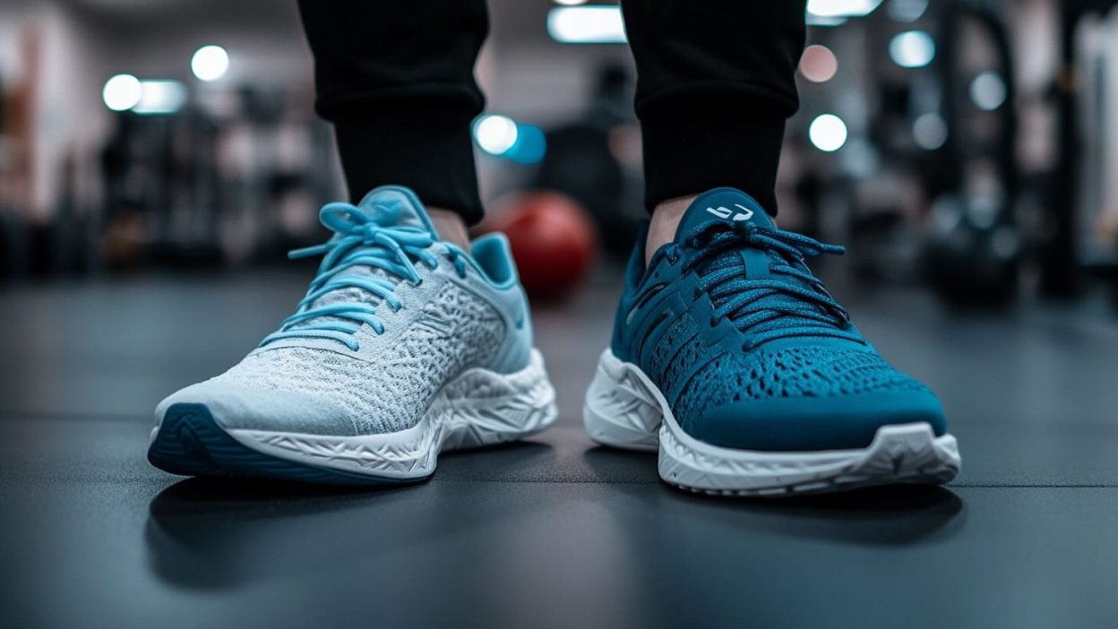 A close-up shot of two gym shoes side by side on a gym floor, illustrating the difference between budget and premium training shoes. The left shoe is a lighter, more affordable model with a simple mesh design, while the right shoe is a high-end, well-cushioned shoe with a reinforced structure. The blurred gym background features workout equipment, adding to the athletic atmosphere.