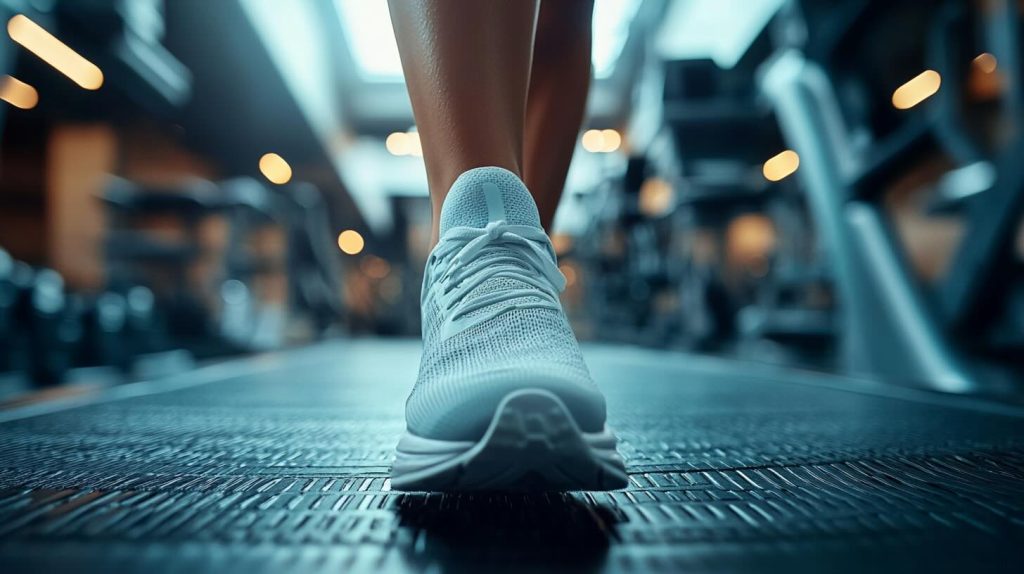 Close-up of a person doing HIIT workout in a gym, wearing light-colored athletic running shoes. The focus is on the shoe’s front profile, showcasing its mesh upper and laces, with blurred gym equipment and ambient lighting in the background.