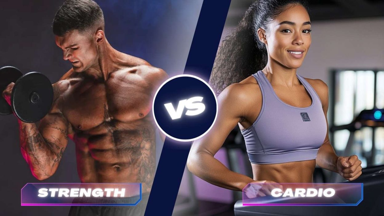 A split-screen image comparing strength training and cardio workouts. On the left, a muscular man with a tattooed arm is lifting a heavy dumbbell, showcasing his well-defined muscles under dramatic lighting. The word "STRENGTH" is displayed in a neon-bordered box. On the right, a fit woman in a lavender sports bra is running on a treadmill in a brightly lit gym, smiling confidently. The word "CARDIO" appears in a similar neon-bordered box. A central "VS" symbol emphasizes the contrast between the two training styles.