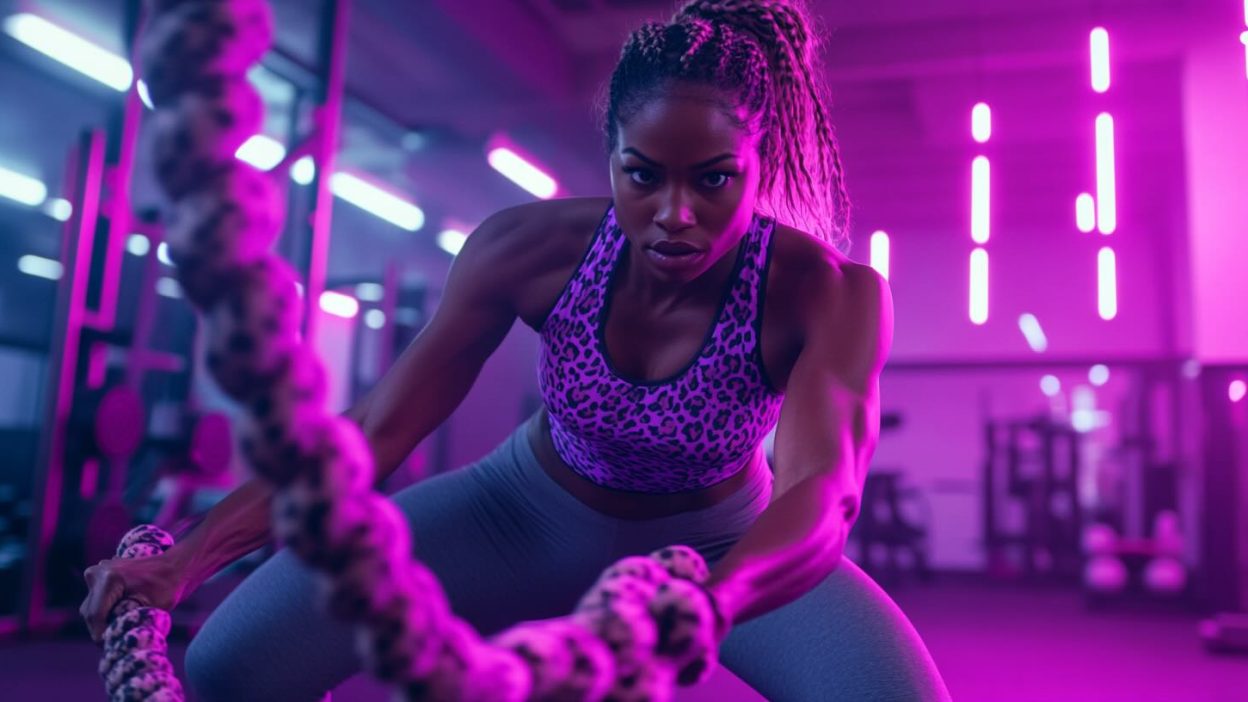 A determined woman in a vibrant gym setting performs a high-intensity battle rope workout. She wears a leopard-print sports bra and gray leggings, with her muscles engaged and focused expression. The gym is illuminated by striking pink and purple neon lights, enhancing the energetic atmosphere.