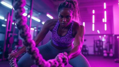 A determined woman in a vibrant gym setting performs a high-intensity battle rope workout. She wears a leopard-print sports bra and gray leggings, with her muscles engaged and focused expression. The gym is illuminated by striking pink and purple neon lights, enhancing the energetic atmosphere.
