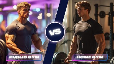 A side-by-side comparison image of a muscular man lifting weights in a public gym on the left and another muscular man lifting weights in a home gym on the right. The public gym has a vibrant, well-lit atmosphere with neon lighting, while the home gym features a more private, focused setting with natural sunlight and minimal equipment. A "VS" graphic in the center highlights the contrast between both workout environments.