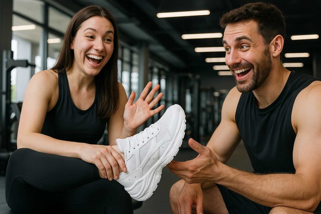 Two people in athletic wear are sitting in a gym, smiling and laughing as the man holds a white athletic shoe toward the woman. They appear to be excited or amused, possibly discussing the new HIIT shoe. The gym background features modern equipment and large windows.