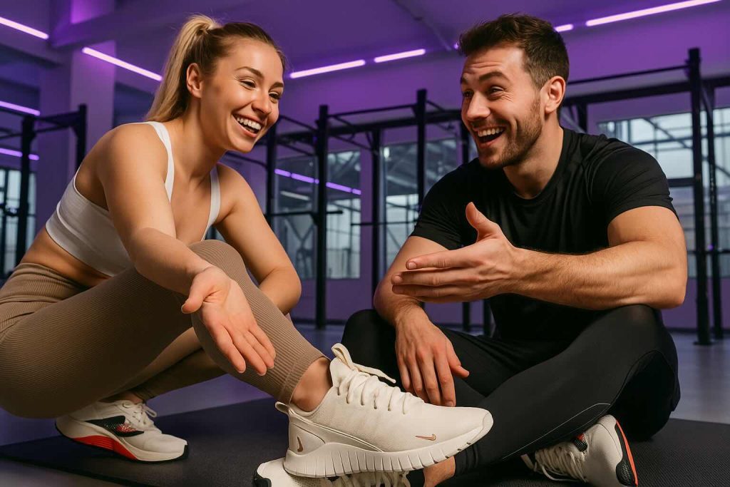 Two people in workout clothes are sitting on a gym mat, smiling and talking while showcasing a beige Nike training shoe. The woman is wearing a white sports bra and tan leggings, and the man is dressed in a black shirt and black pants. They appear to be enjoying a conversation about the shoe, in a modern gym with purple LED lighting.