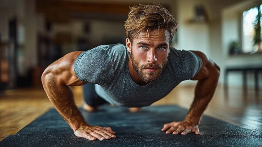 A fit, athletic man with a beard and tousled hair is performing a push-up on a black exercise mat in a well-lit home gym. He is wearing a tight gray t-shirt, highlighting his muscular arms and upper body. His intense blue eyes are focused straight ahead, and natural sunlight streams through large windows, illuminating the wooden floor and modern interior. The atmosphere conveys determination and strength.