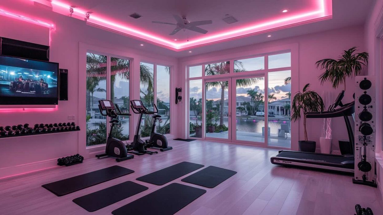 A modern home gym with large windows overlooking a scenic waterfront view. The gym is equipped with a treadmill, stationary bikes, a set of dumbbells, yoga mats, and LED accent lighting, creating an inviting and stylish workout space. The room is illuminated with soft pink lighting, enhancing the relaxing yet energizing atmosphere.
