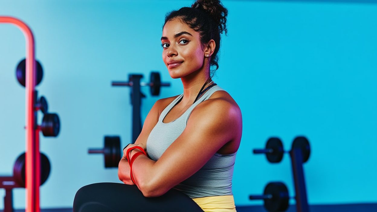 A confident, fit woman in a gray tank top and yellow workout leggings sitting in a gym, smiling with her arms crossed. She has a resistance band wrapped around her wrist, and the gym background features weight racks and fitness equipment against a vibrant blue wall. The image conveys strength, determination, and a structured workout routine for fat loss.