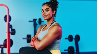 A confident, fit woman in a gray tank top and yellow workout leggings sitting in a gym, smiling with her arms crossed. She has a resistance band wrapped around her wrist, and the gym background features weight racks and fitness equipment against a vibrant blue wall. The image conveys strength, determination, and a structured workout routine for fat loss.