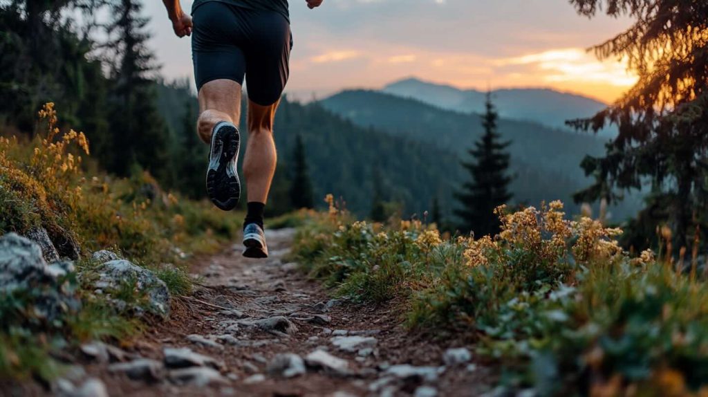 A runner in black shorts and trail running shoes jogging on a rugged mountain path at sunset. The background features lush greenery, wildflowers, tall pine trees, and distant mountain peaks under a warm, golden sky.