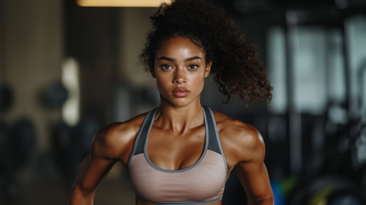 A strong and athletic woman in a high-impact sports bra stands confidently in a gym, her muscles toned and glistening with sweat. She has an intense and focused expression, ready for an intense workout. The sports bra is designed for support and comfort, with moisture-wicking fabric and a snug fit. The background features gym equipment, slightly blurred to emphasize her presence.