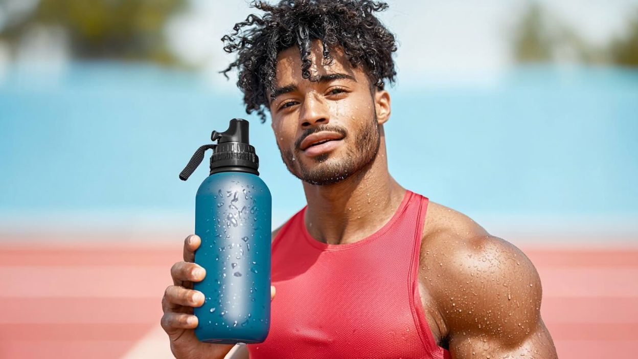 A fit, athletic man wearing a red workout tank top holds a blue water bottle covered in condensation. He is sweating, with droplets on his face and shoulders, standing in front of a running track under bright sunlight. He smiles slightly, emphasizing hydration and endurance during outdoor workouts.