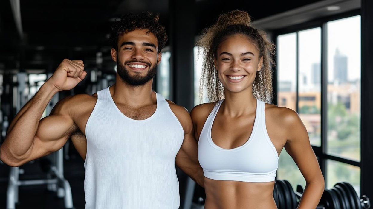 A fit and smiling man and woman in a modern gym, both wearing white athletic wear. The man flexes his bicep while the woman stands confidently beside him. Large windows in the background reveal a cityscape, and gym equipment is visible, creating a motivational and energetic atmosphere.