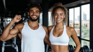 A fit and smiling man and woman in a modern gym, both wearing white athletic wear. The man flexes his bicep while the woman stands confidently beside him. Large windows in the background reveal a cityscape, and gym equipment is visible, creating a motivational and energetic atmosphere.