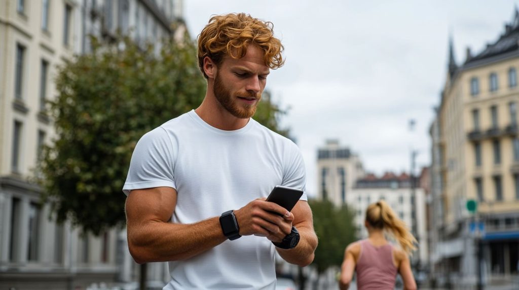 A fit, red-haired man wearing a white athletic t-shirt and smartwatch checks his phone while standing on a city street. In the background, a blonde woman in a pink sports tank top is jogging past historic European-style buildings.