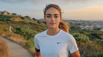 A young woman with a confident expression jogging on a scenic trail at sunset, wearing a white Nike running shirt and a fitness tracker on her arm. The background features rolling hills, lush greenery, and a distant view of a coastal town.