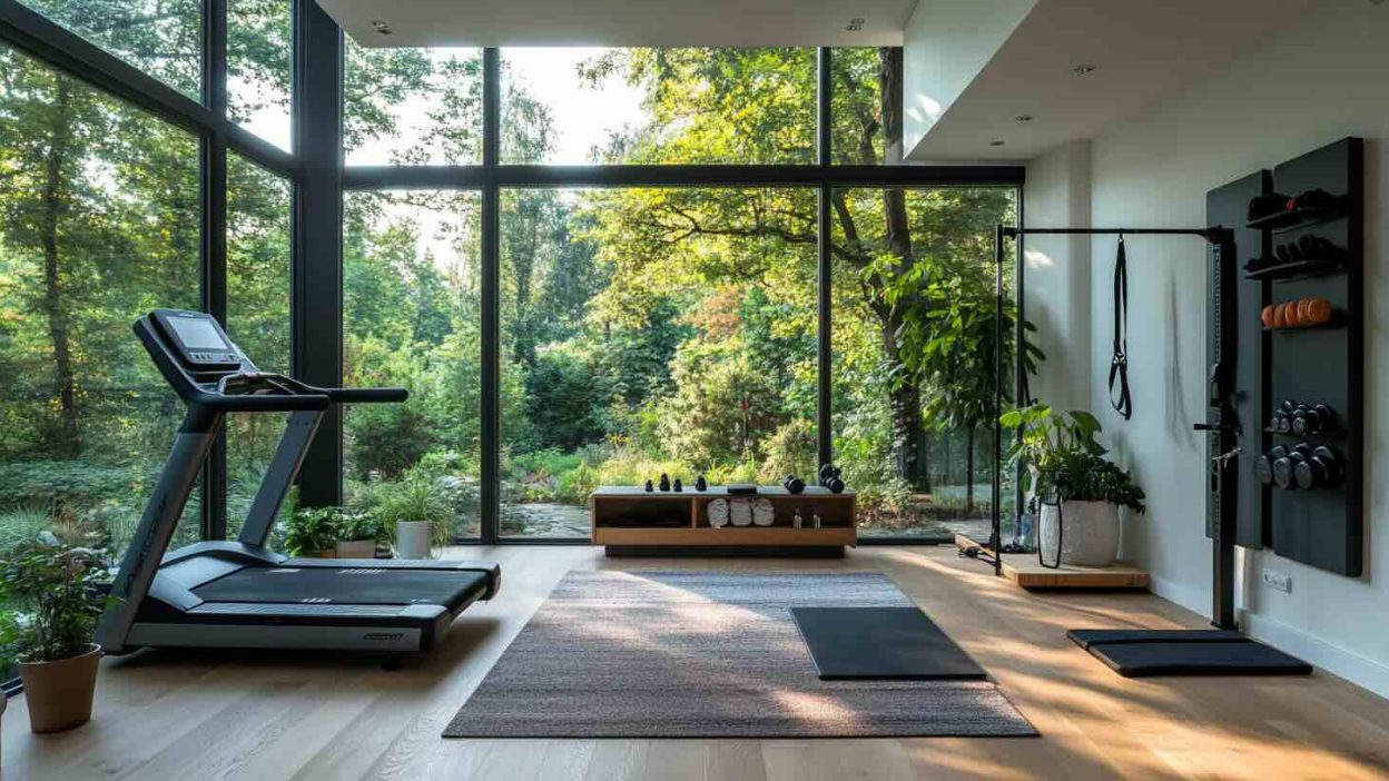 A stylish home gym with large floor-to-ceiling windows overlooking a lush green garden. The room features a high-end treadmill, a well-organized dumbbell rack, a suspension trainer, and neatly arranged workout accessories. The gym has a minimalist, modern design with wooden flooring, indoor plants, and natural lighting.