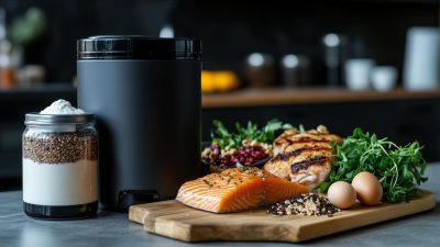 A kitchen countertop displaying a comparison of protein sources, featuring a black protein powder container and a glass jar filled with protein powder and grains on one side, and a wooden cutting board with fresh whole food protein sources, including raw salmon, grilled chicken, eggs, leafy greens, and quinoa, on the other side. The background includes blurred kitchen appliances and ingredients, creating a balanced and health-focused atmosphere.