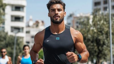 A fit male runner wearing a black athletic tank top and a high-tech fitness tracker on his wrist, jogging outdoors in an urban setting with buildings and trees in the background. He looks focused and determined, with a slight sweat sheen on his skin, indicating an intense workout. Other runners are visible in the background, suggesting a group run or race.
