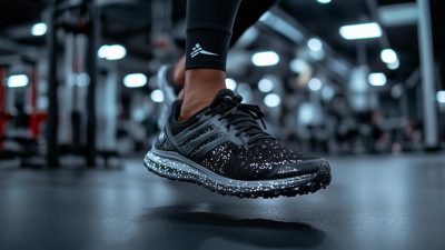 Close-up of a high-performance HIIT training shoe in mid-air during a dynamic workout in a gym. The shoe features a sleek black design with white speckled accents, a cushioned sole for shock absorption, and a grippy outsole for traction. The blurred gym background highlights training equipment and ambient lighting, emphasizing the intensity of the workout.