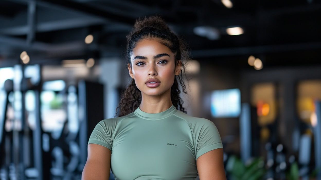 A fit young woman with curly hair wearing a stylish, moisture-wicking workout shirt in a modern gym. She has a confident expression, and the gym environment in the background is softly blurred, featuring fitness equipment and ambient lighting. The breathable, athletic fabric of her shirt highlights its sweat-wicking properties, ideal for intense workouts.