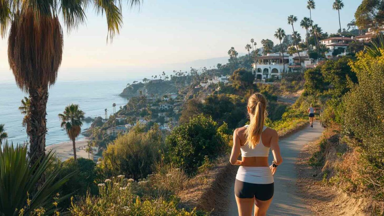 A scenic running trail in Los Angeles overlooking the ocean, with a fit woman in athletic wear jogging along a winding path lined with lush greenery and palm trees. In the background, another runner is seen approaching, with stunning coastal views and hillside homes adding to the picturesque setting. The golden sunlight casts a warm glow, enhancing the serene and active atmosphere of the trail.
