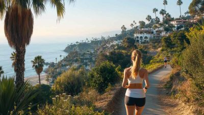 A scenic running trail in Los Angeles overlooking the ocean, with a fit woman in athletic wear jogging along a winding path lined with lush greenery and palm trees. In the background, another runner is seen approaching, with stunning coastal views and hillside homes adding to the picturesque setting. The golden sunlight casts a warm glow, enhancing the serene and active atmosphere of the trail.