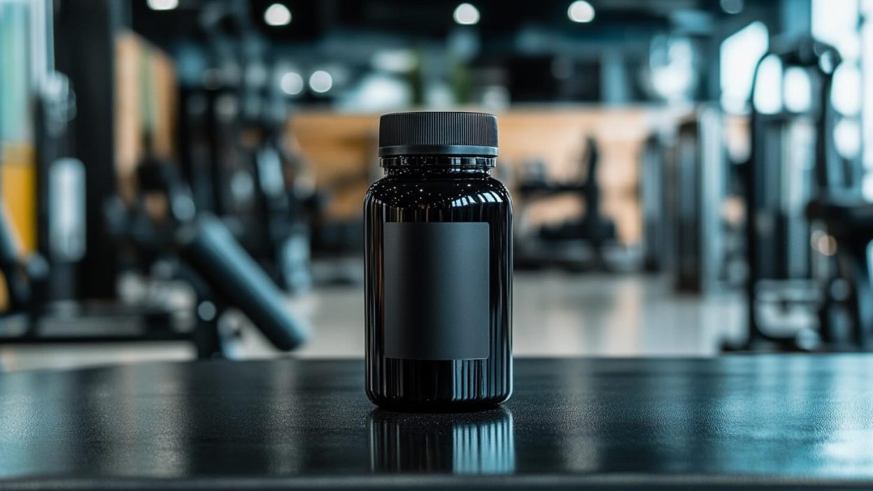 A sleek black bottle of fat-burning supplements with a minimalist label placed on a reflective gym bench. The blurred background showcases gym equipment, creating a professional and performance-focused fitness environment. The lighting highlights the bottle’s details, emphasizing the theme of health and nutrition.