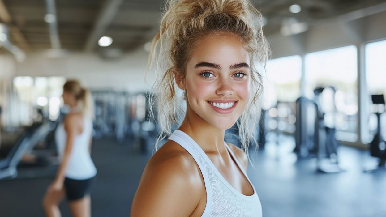 A young woman in athletic wear smiles brightly at the camera in a gym setting. She wears a white tank top, has blonde hair pulled up in a messy bun, and appears to be glowing with post-workout energy. Her makeup is natural with defined eyebrows, and she has a warm, genuine smile. In the background, gym equipment is visible and another person in workout clothes can be seen exercising. The space appears to be a modern fitness center with large windows providing natural light.