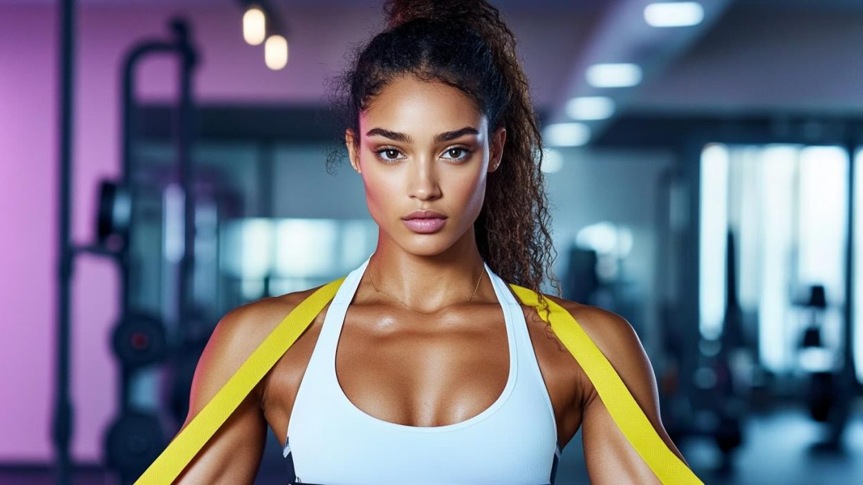 A fit woman with toned arms and a determined expression stands in a modern gym, holding a yellow resistance band across her shoulders. She wears a white sports bra and has her curly hair tied back in a high ponytail. The gym background is softly blurred, featuring workout equipment and bright lighting.