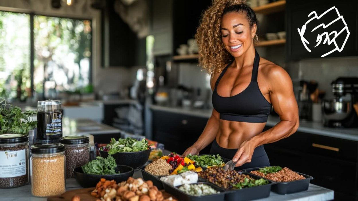 A fit, muscular woman in a black sports bra smiling while preparing a high-protein vegan meal in a modern kitchen. The table is filled with plant-based protein sources such as lentils, chickpeas, quinoa, tofu, and leafy greens, emphasizing healthy vegan nutrition for muscle growth.
