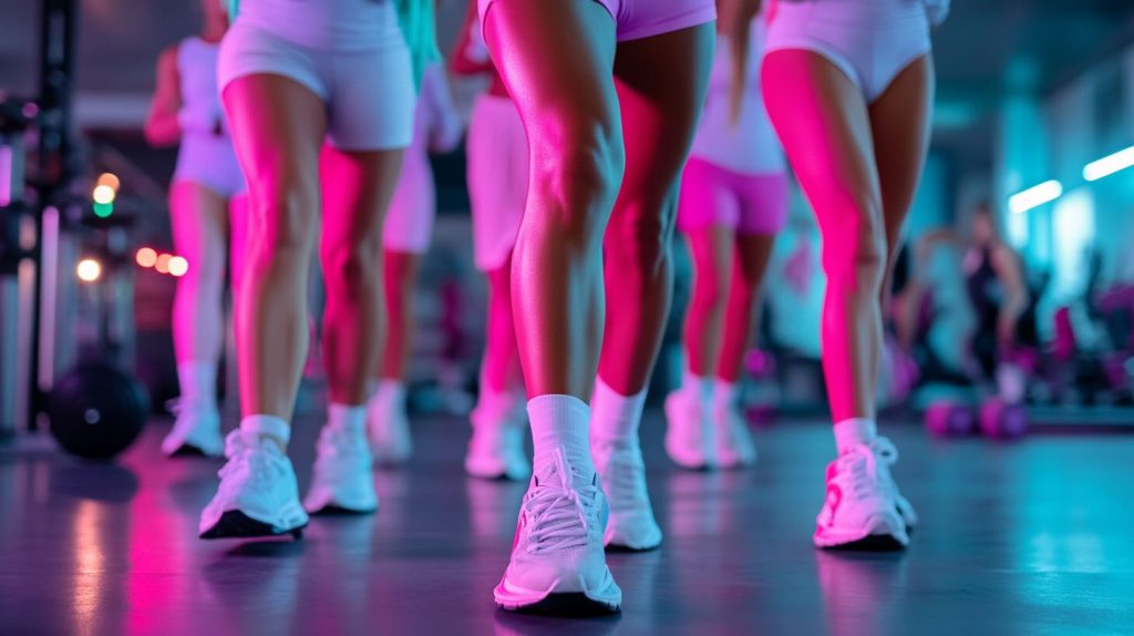 Group of women wearing white athletic shoes and HIIT workout outfits performing a fitness routine in a gym with vibrant pink and blue lighting. The focus is on their legs and shoes, suggesting synchronized movement in a high-energy group class.