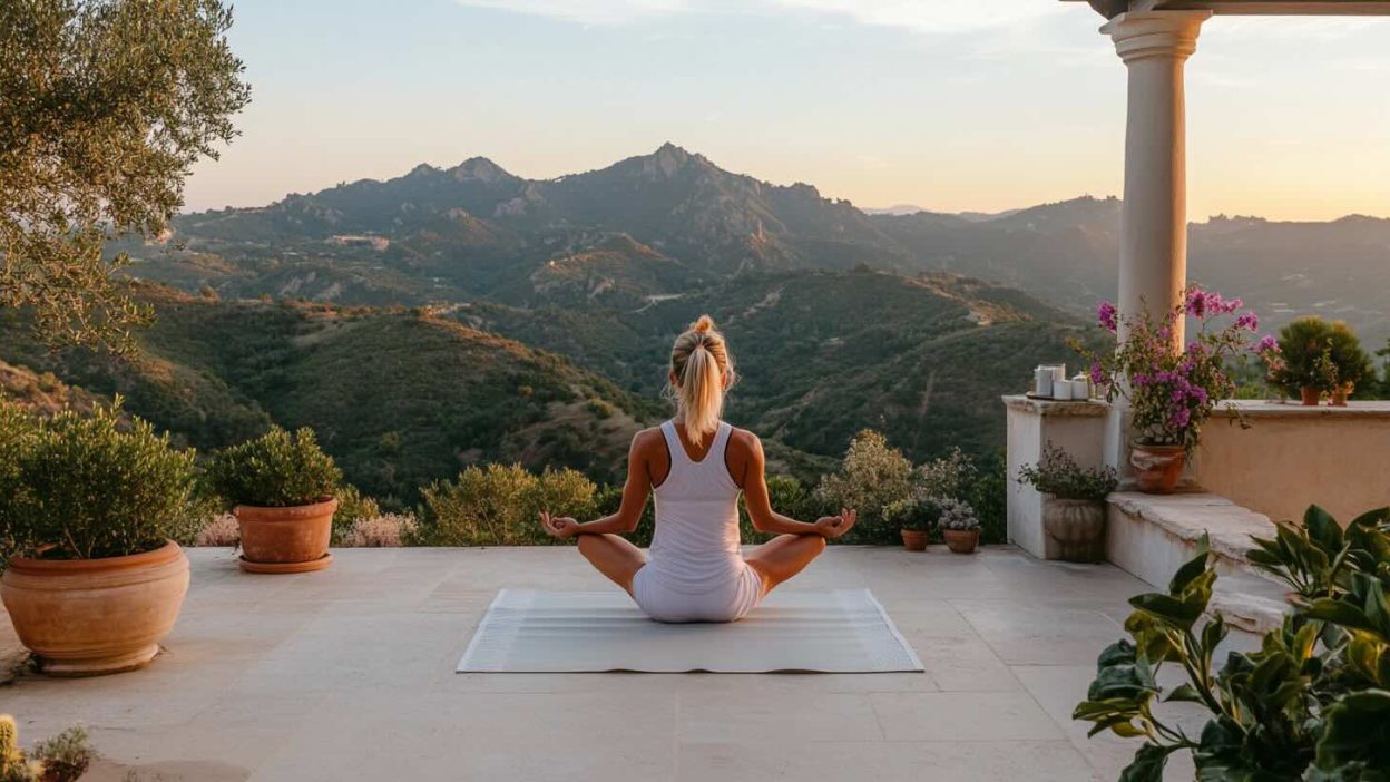 A woman practicing yoga on a serene outdoor terrace overlooking rolling green mountains during sunrise. She is sitting in a meditative lotus pose on a white yoga mat, wearing a white athletic outfit. The setting is tranquil, with potted plants and soft morning light creating a peaceful atmosphere, perfect for relaxation and mindfulness.